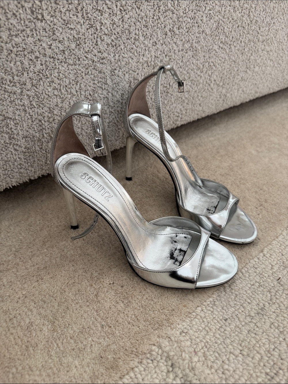 SCHUTZ Silver Metallic Open-Toe Ankle-Strap Heels